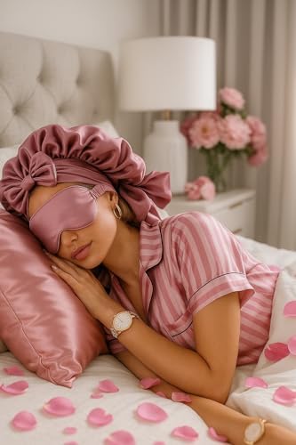 4-Piece Satin Sleep Set Gift Box for Women - Includes Hair Bonnet, Eye Mask, Pillowcase & Scrunchie - Luxury Self Care, Bridesmaid & Mom Gifts - Pink