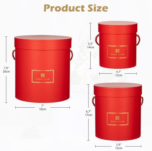 Hollyone Red Gift Box with Lids Set of 3 Round Nesting Gift Boxes Cylinder for Presents 3 Assorted Sizes Flowers Arrangements Boxes for Gift Giving Christmas Valentine Mom Gifts Present Wrapping