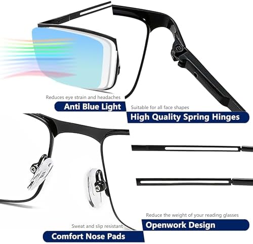 Blue Light Blocking Reading Glasses for Men With Spring Hinge Metal Full Frame Lightweight Readers Classic Trend