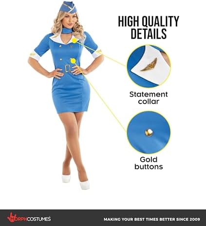 Morph Air Hostess Costume for Women Blue - Retro Stewardess Outfit Womens - Flight Attendant Costume for Women