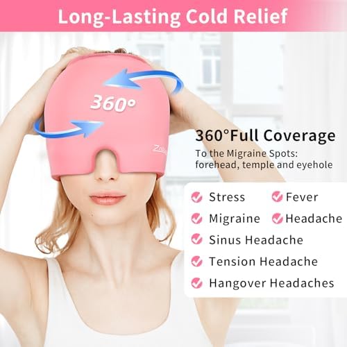 ZNÖCUETÖD Migraine Headache Relief Cap Hat Full Head ice Pack Wrap Cooling Gel Ice Beanie Cold Cap Hot/Cold Compress Therapy for Sinus, Stress, Tension, Head Pain Relief, Gift for Women