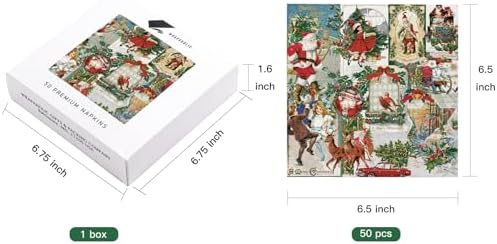 WRAPAHOLIC 50Pcs Christmas Paper Napkins - 3 Ply Vintage Santa Pattern Disposable Luncheon Napkin for Christmas, Holiday, Party Celebration - 6.5 x 6.5 In