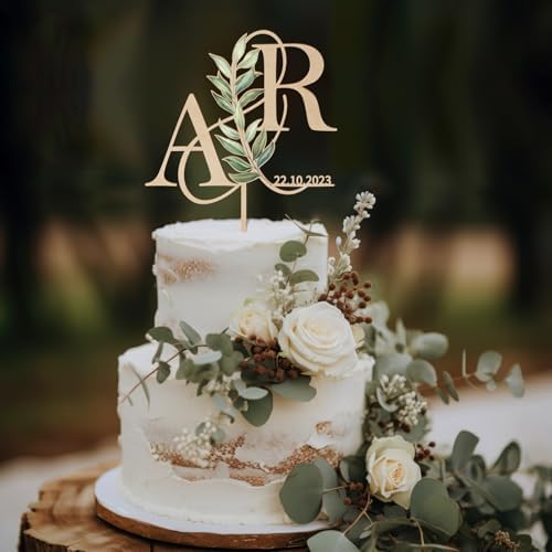 Personalized Wedding Cake Topper in Wood Custom Bride and Groom Initial Cake Topper Cake Decoration (Green Leaves)