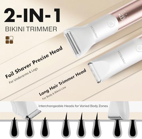 PRITECH Bikini Trimmer for Women, 2-in-1 Rechargeable Electric Razors for Women, Waterproof Bikini Shaver for Pubic Hair, Legs, Arms, Underarms, Electric Trimmer with Ceramic Blades, Travel Lock