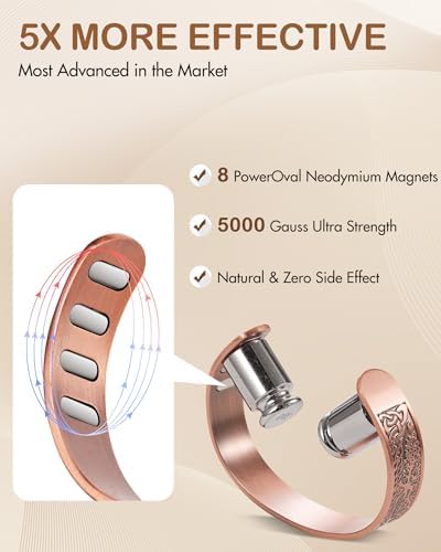 Feraco Copper Bracelet for Men, 5X Ultra Strength Magnetic Cuff Bangle with 5000 Gauss Neodymium Magnets, 99.99% Pure Copper Jewelry Gift, Adjustable