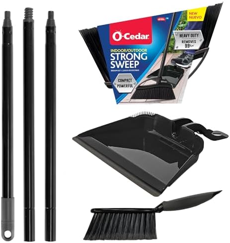 O-Cedar Strong Sweep Broom and Dustpan Set with Detail Brush | Indoor Outdoor Heavy Duty Stiff Bristle Broom | Step-On Dust Pan
