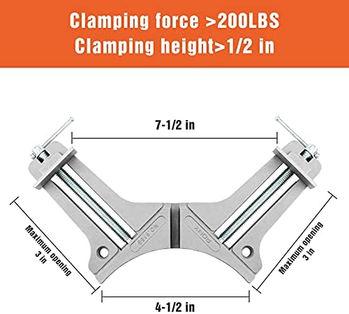 PONY 2-Piece 90 Degree Corner Clamp Set, Featured with 3’’ Maximum Opening, 200 lbs Clamping Force & 1/2’’ Clamping Height, Aluminum Alloy Body, Adjustable Right Angle Clamps for Multiple Projects