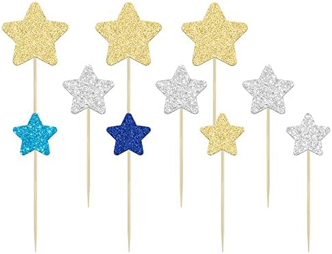 Gyufise 42Pcs Star Cupcake Toppers Gold Silver Blue Glitter Mixed Size Twinkle Little Star Cupcake Picks Decorations for Wedding Engagement Baby Shower Birthday Party Supplies