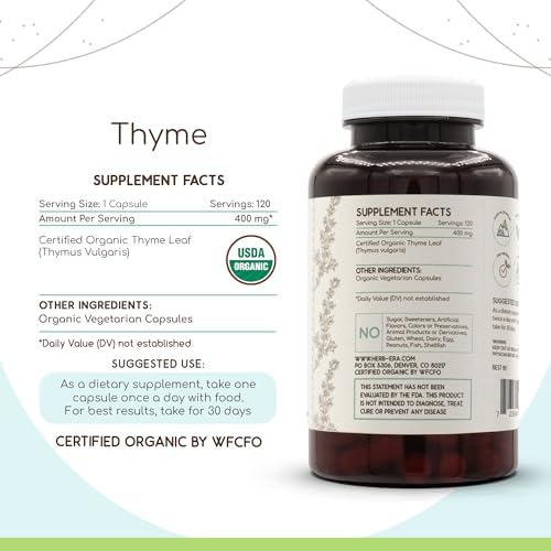HerbEra Thyme USDA Organic 120 Capsules | Natural Herbal Supplement | Certified Organic Vegetarian Capsules and Organic Thyme (Thymus Vulgaris) Dried Leaf (120 Capsules)