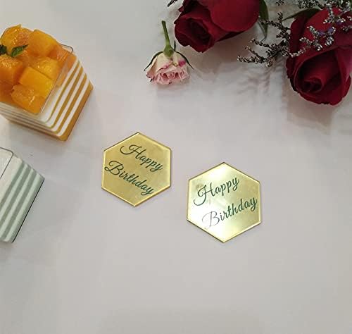 Set of 12pcs Hexagon Cake Topper Disc, Happy Birthday Mirror Acrylic Cake Discs, Topper Decor for Cupcake,Mini Acrylic Cake Toppers (Gold Mirror)
