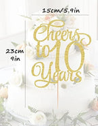 Cheers to 10 Years Cake Topper - Gold Glitter Children's 10th Birthday Cake Decorating Supplies - Blessed 10 Years Wedding, Anniversary or Birthday Party Decorations, Photo Booth Props