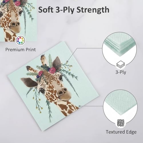 Paper Napkin Cute Animal Dinner Luncheon Napkins Spring Summer Fall Tea Party Holiday Festival Cocktail Beverage Printed Decorative Paper Disposable Napkin (3-Ply, 50-Count) (Giraffe)