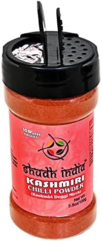 Shudh India Kashmiri Chili Powder (Deggi Mirch, Low Heat) 3.5oz (100g) Shaker Top PET Jar | Authentic Indian Spice | All Natural | Salt-Free | Vegan | Gluten Free | Indian Origin |