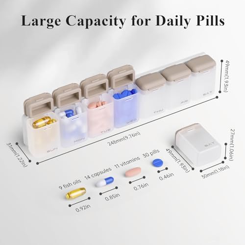 KOVIUU Weekly Pill Organizer Magnetic for Fridge, Removable Pill Box 7 Day 1 Time a Day, Large Pill Case Travel, Week Once Daily Dispenser, Medicine Container Holder for Supplement Vitamin, Brown