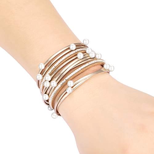 Fesciory Leather Wrap Bracelets for Women, Boho Leopard Multi-Layer Crystal Beads Cuff Bracelet Jewelry