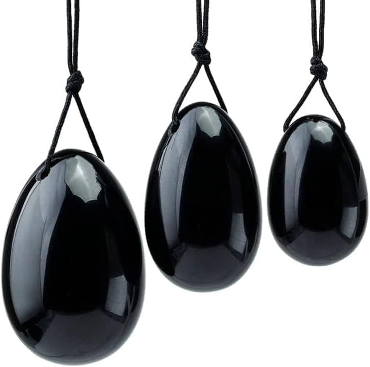 3 in 1 Set Yo-ni Massage Eggs Stone, Genuine Natural Jade Massage Ball Stone for Women Body Massage Muscle Training, Crystal Massage Stones Relax Exercise (Black (Black Obsidian))