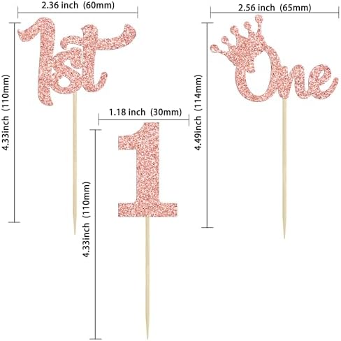 24Pcs One Cupcake Toppers Glitter 1st Birthday Cupcake Picks for Baby Shower First Birthday Party Cake Decorations Supplies Rose Gold