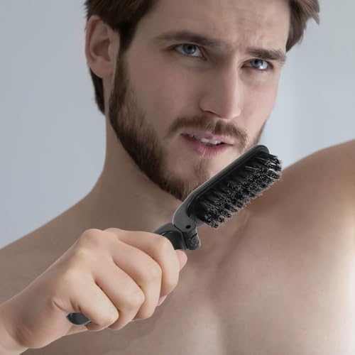 KALLORY Folding Beard Brush Travel Mustache Brush with Stiff Boar Bristles for Men Compact Portable Grooming Tool for Beard Styling and Oil Distribution