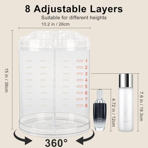 AMEITECH Makeup Organizer, 360 Degree Rotating Adjustable Cosmetic Storage Display Case with 8 Layers Large Capacity, Fits cosmetics, Makeup Brushes, Lipsticks and More, Clear