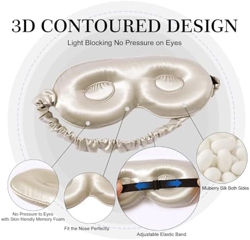ZIMASILK Adjustable 22 Momme 100% Pure Mulberry Silk Sleep Mask, 3D Contoured Cup Eye Mask for Sleeping, Super Soft Breathable Blindfold, Perfect Blocks Light for Sleeping. (Beige)