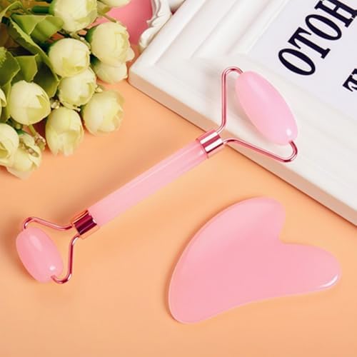 Rose Quartz Facial Roller and Gua Sha Stone Set, Pink Jade Face Massage Tools for Skin Care, 2 Piece Set