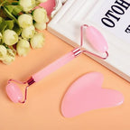 Rose Quartz Facial Roller and Gua Sha Stone Set, Pink Jade Face Massage Tools for Skin Care, 2 Piece Set