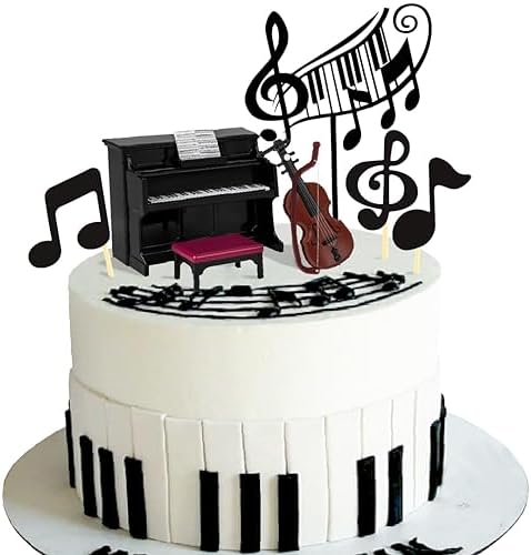 Music Cake Toppers - Piano & Violin Cake Decorations Set with Musical Score Notes for Themed Birthday Party