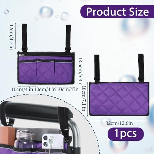 Wheelchair Side Bag, Wheelchair Bag Armres Waterproof Wheelchair Armrest Pouch with Reflective Stripe, Bag for Wheelchair Side Organizer Wheelchair Pouch Side Pocket for Wheelchair, Purple