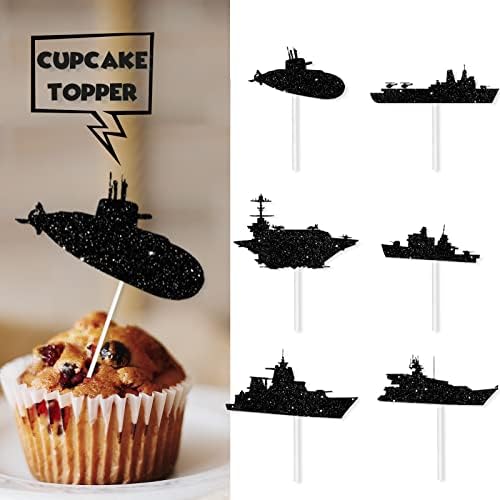 18pcs Black Glitter Silhouettes Warship Dessert Cupcake Topper Navy Navigation Theme Decoration Boy Girl Happy Birthday Decor Supplies