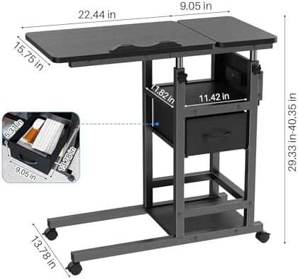 Height Adjustable Overbed Table with Wheel and Charging Station, Tiltable Desk C Shaped End Table for Couch, 2-Tier Overbed Bedside Desk with Storage Shelve for Living Room Bedroom