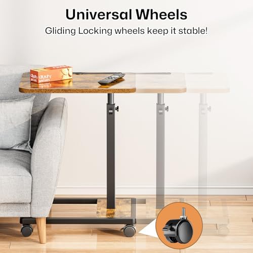 Adjustable TV Tray Table - 360° Rotating C Shaped End Side Table Sofa Couch Bed Table with Wheels for Eating Living Room Laptop