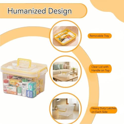 Pulseplay Clear Medicine Storage Box with Handle Portable Medicine Cabinet Organizer Multipurpose Plastic Storage Box with Removeable Tray for Home Office Travel Outdoor (Yellow)