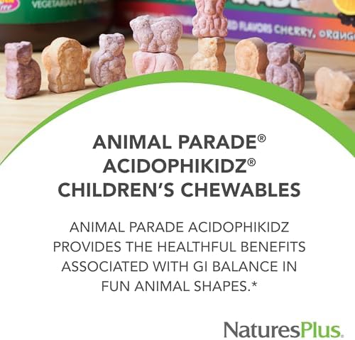 NaturesPlus Animal Parade AcidophiKidz, Berry Flavor - 90 Chewable, Animal-Shaped Tablets - Pack of 2 - with Probiotics, FOS & Grape Seed - 180 Total Servings