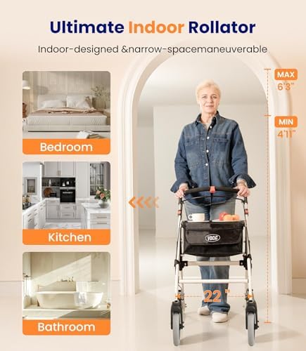 Narrow Rollator Walkers for Small Spaces, Indoor Rollator Foldable and Lightweight, Stable Home Rollator with Quiet Anti-Slip Tires, Rollators for Seniors Foldable with Tray