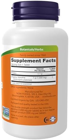 NOW Foods Supplements, Certified Organic, Spirulina 1000 mg (Double Strength), Rich in Beta-Carotene (Vitamin A) and B-12 with naturally occurring GLA , 120 Tablets