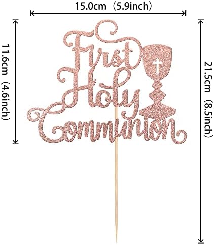 1 PCS First Holy Communion Cake Topper Glitter God Bless Cross Baby Baptism Christening Cake Pick for First Communion Theme Baby Shower Birthday Party Cake Decorations Supplies Rose Gold