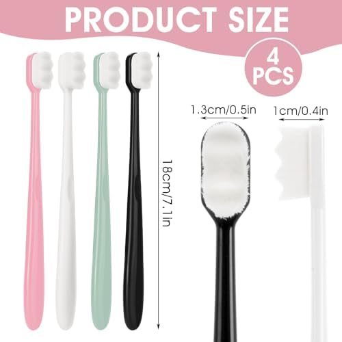 ElevateTech Micro Nano Toothbrushes, 4 Pcs Extra Soft Toothbrush with 10000 Ultra Soft Floss Black Wave Bristles Manual Toothbrush for Adults Kids Sensitive (Black White Pink Green)