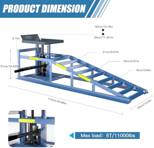 2 Heavy-Duty Car Ramps, 5-Ton (5000 kg) Capacity, High-Load Hydraulic Ramps with Reflective Strips for Safe Nighttime Use, Adjustable Height from 9.8 to 15 in, Usable as Workshop Lifting Platform
