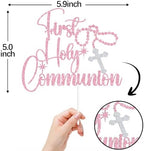 Pink Glitter First Holy Communion Cake Topper, Rosary Cross My Baptism Decor, Religious Christening Baptism Baby Shower Party Decorations Supplies