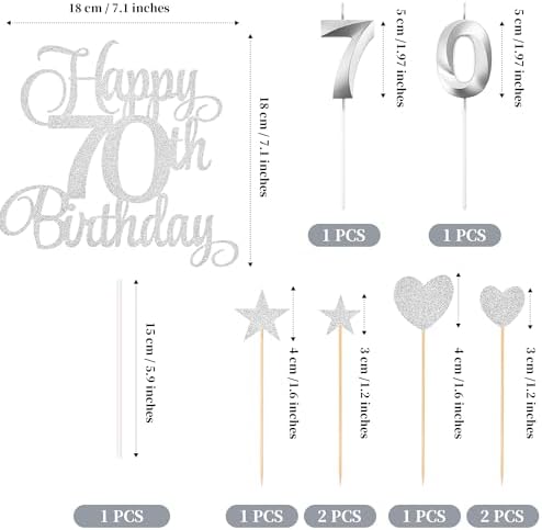 70th Birthday Cake Decorations, 70th Birthday Candles Cake Numeral Candles and Glitter Happy 70th Birthday Cake Toppers Set for Birthday Party Supplies (Silver)
