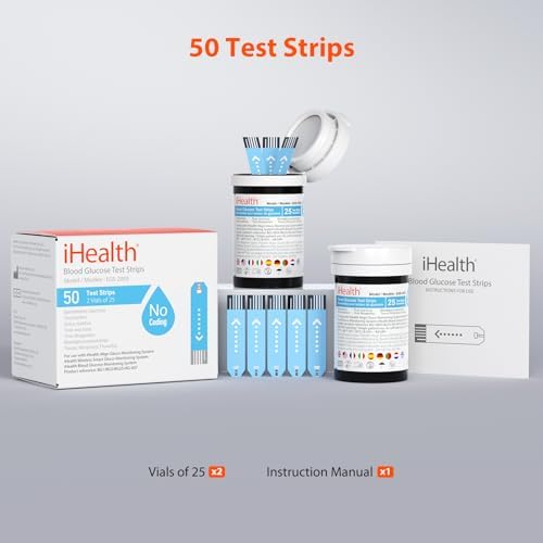 iHealth Blood Glucose Test Strips (50 Count), No Coding Blood Sugar Test, Precision Sugar Measurement for Diabetics, Strips Work Only in iHealth Glucose Meters