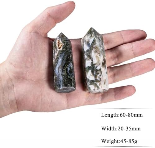 SUNYIK 2.3-3.1" Natural Moss Agate Crystal Wand, Polished 6 Facted Crystal Point Tower for Reiki Healing Meditation Divination Therapy Home Office Decor