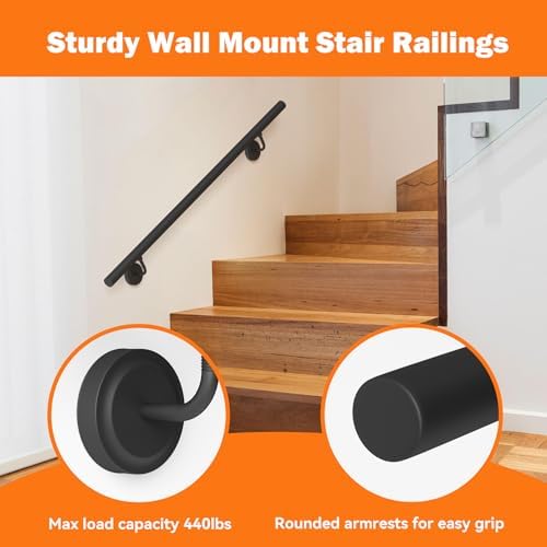 12FT Industrial Metal Stair Handrail,Round Pipe Stair Railing for Indoor/Outdoor Steps,Wall Mount Support Staircase Handrails,440LBS Load Capacity Hand Rails,Safety Grab Bar Porch Stairway Railing