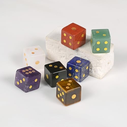 16mm Amethyst + Tiger Eye + Obsidian + Clear Quartz + Lapis + Red Jasper + Aventurine Crystal Rock Six Sided Dice Gold Pips Square Corner Polyhedral Games Dice(Pack of 7)