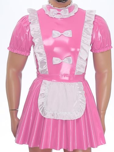 YiZYiF Mens Sissy Wet Look Lace French Maid Bodysuit Roleplay Cosplay Lingerie Costumes Leotard