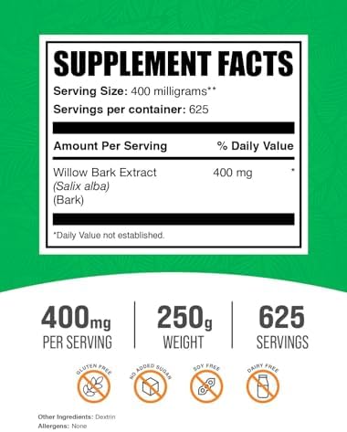 BulkSupplements.com White Willow Bark Extract Powder - Herbal Supplement, White Willow Bark Powder - Gluten Free, 400mg per Serving, 250g (8.8 oz) (Pack of 1)