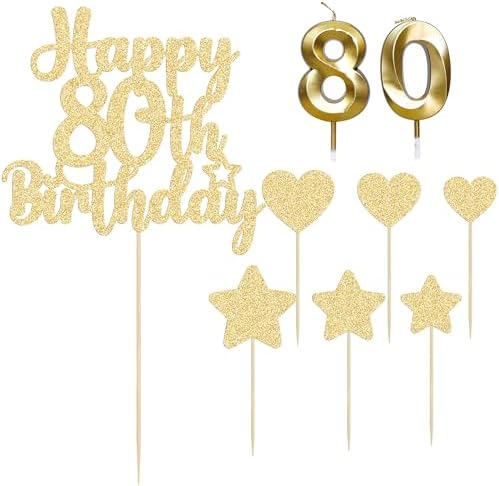 Gyufise 15Pcs Happy 80th Birthday Cake Topper Set with Heart Star Glitter Cheers to 80 Years Cake Picks Number 80 Candles Cake Decorations for Happy 80th Birthday Anniversary Party Supplies Gold