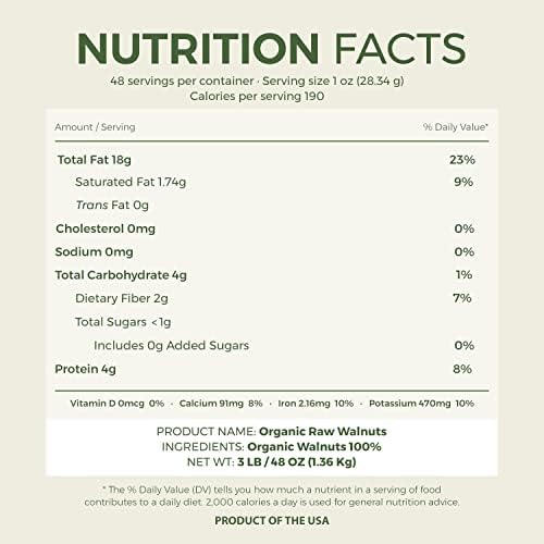 Organic Raw Walnuts – Unsalted 3 Pound (48 oz) Vacuum Sealed, Non GMO, No Salt, Low Carb, Keto Friendly & Vegan Snack