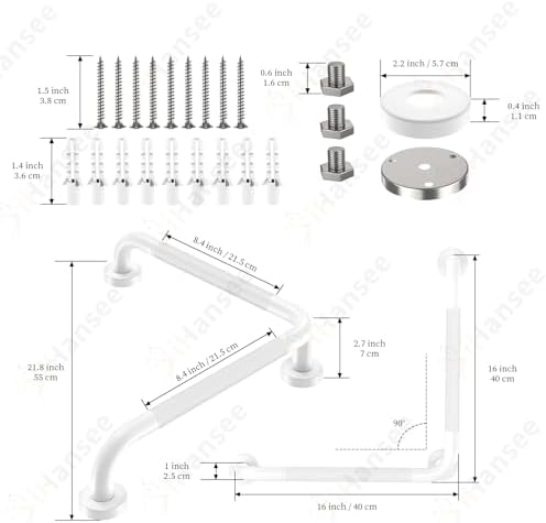 Angled Grab Bar - 16x16 Inch Stainless Steel Knurled Toilet Handles Wall Mounted Bathroom Handicap Safety Rails for Elderly Injured Balance Support, L-Shaped White Grab Bar for Shower