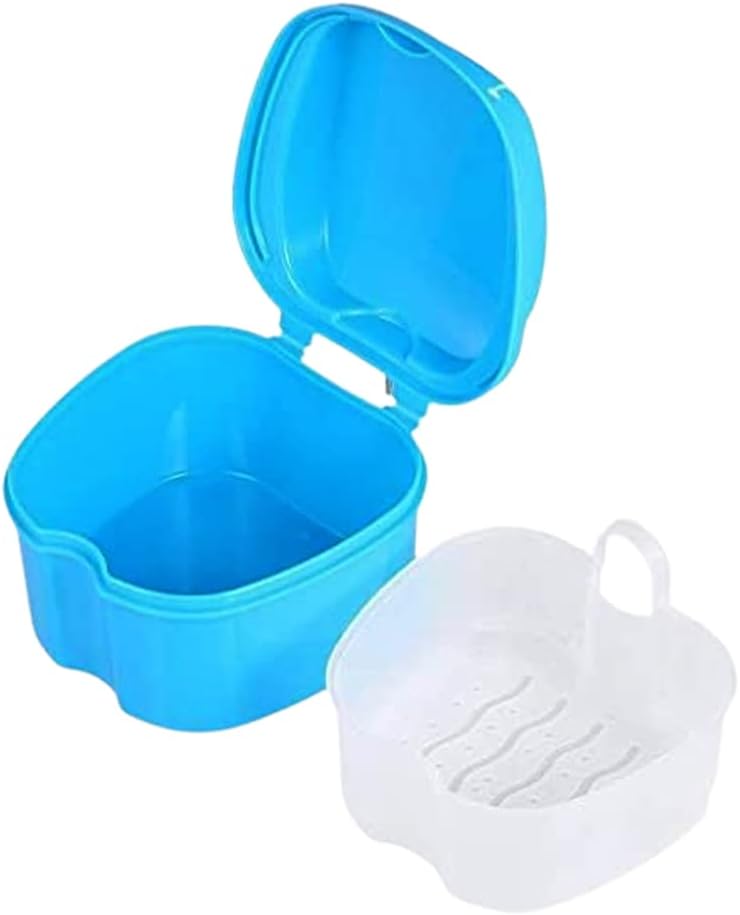 Denture Case Multipurpose Orthodontic Dental Retainer Box with Basket Tray Portable Soaking Denture Bath for Storage Ortho Retainers (Light Blue)